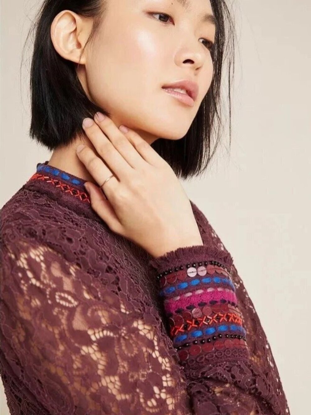 Bl^nk London Anthropologie Purple Lace Beaded Cuff Top XS Boho India - Picture 4 of 12